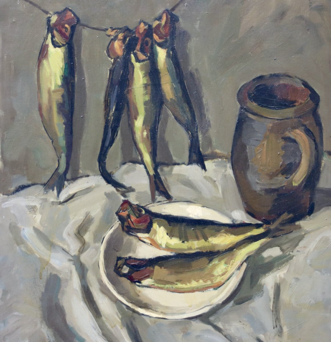 Peinture de P.R. BECHON -SAUZEAU "nature morte au harengs saurs"-photo-2