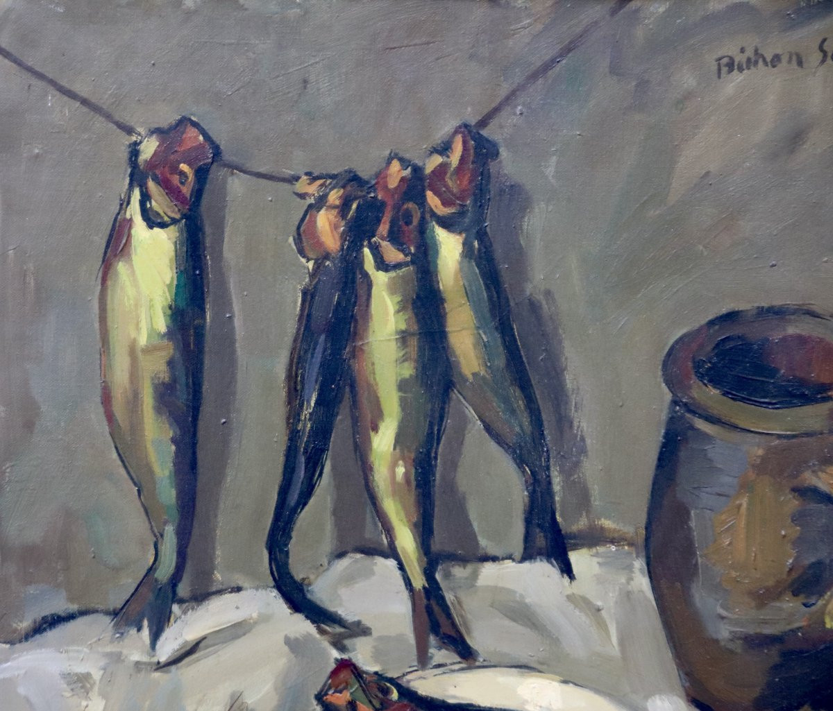 Peinture de P.R. BECHON -SAUZEAU "nature morte au harengs saurs"-photo-3