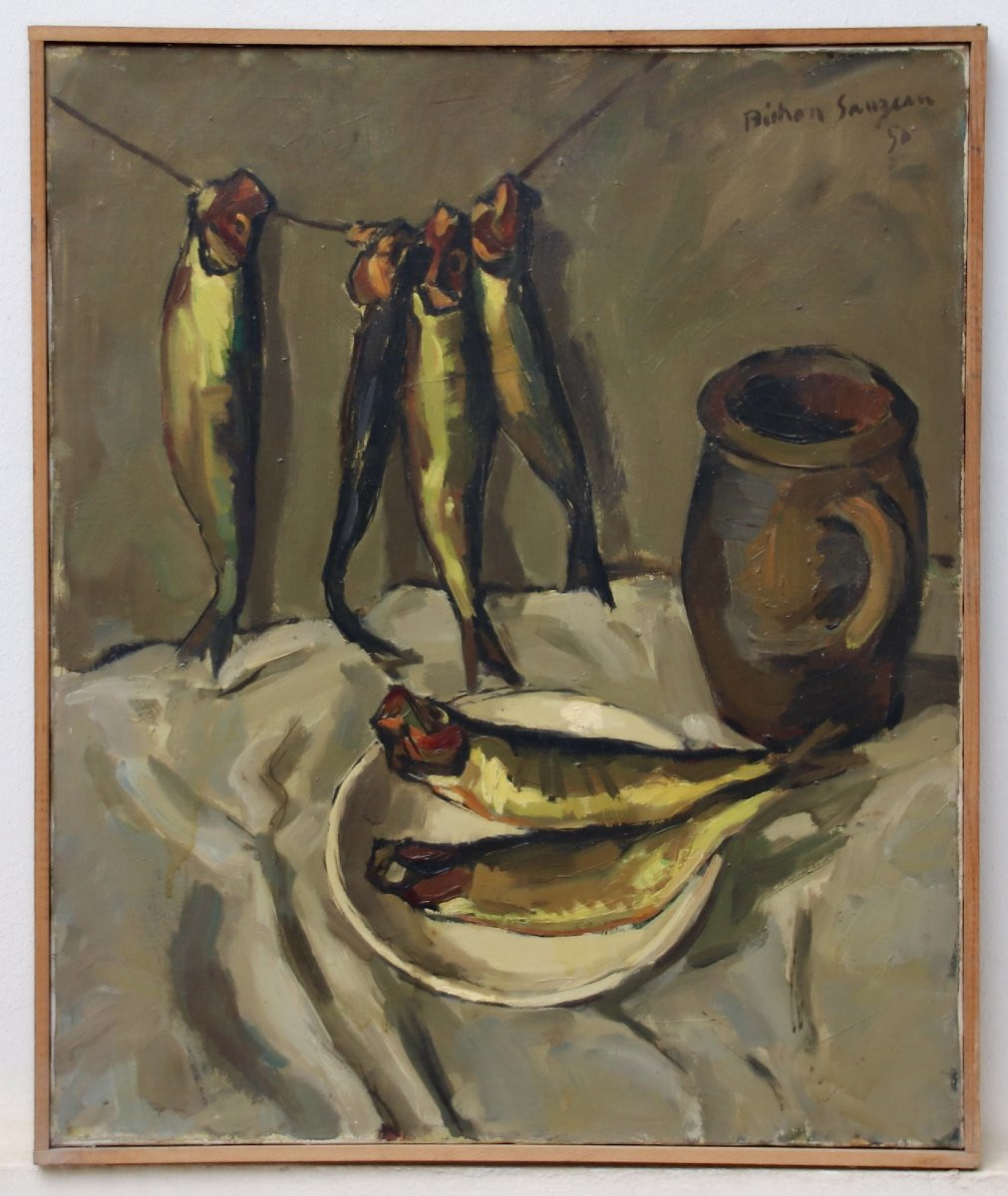 Peinture de P.R. BECHON -SAUZEAU "nature morte au harengs saurs"-photo-1