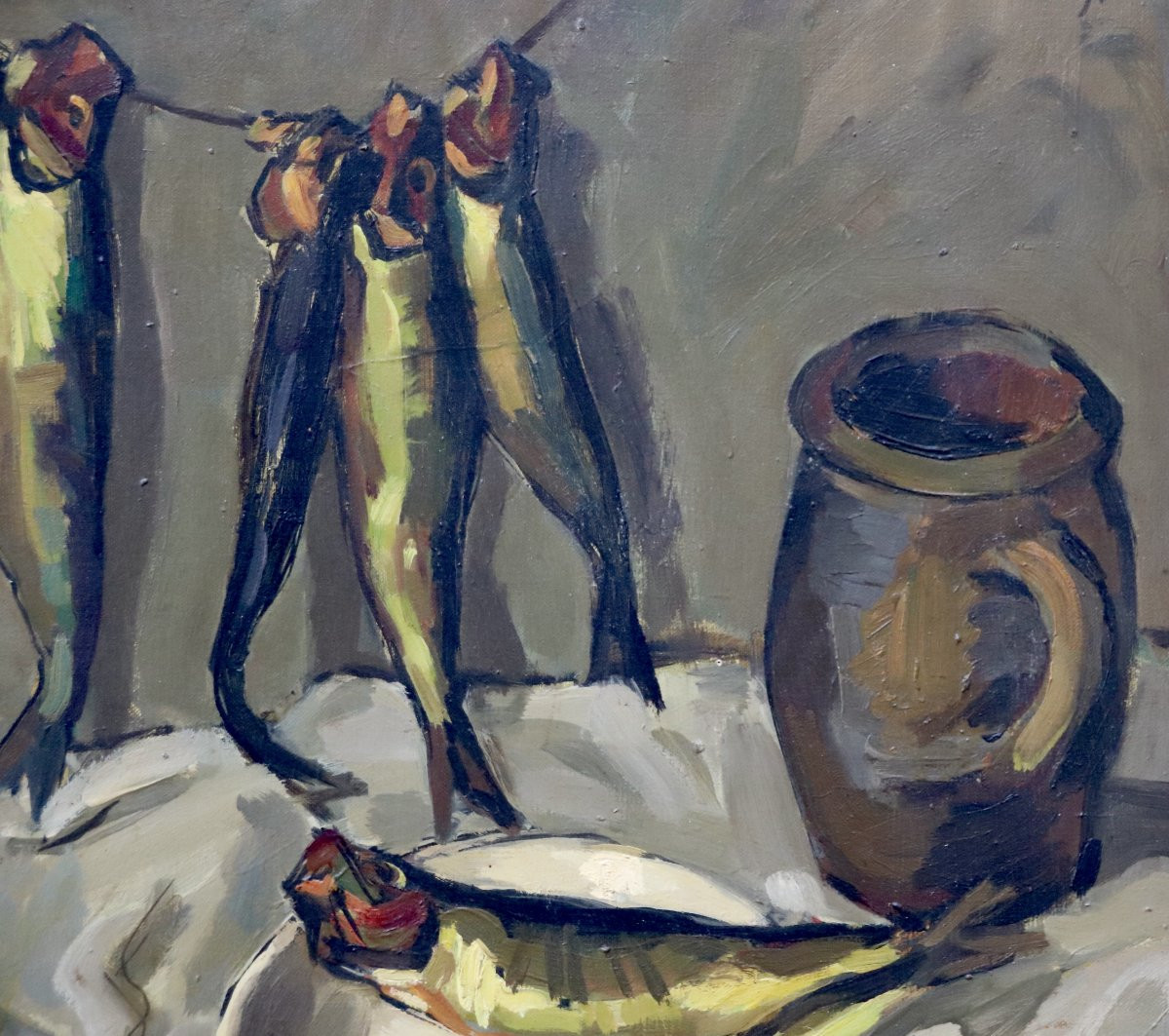 Peinture de P.R. BECHON -SAUZEAU "nature morte au harengs saurs"-photo-2