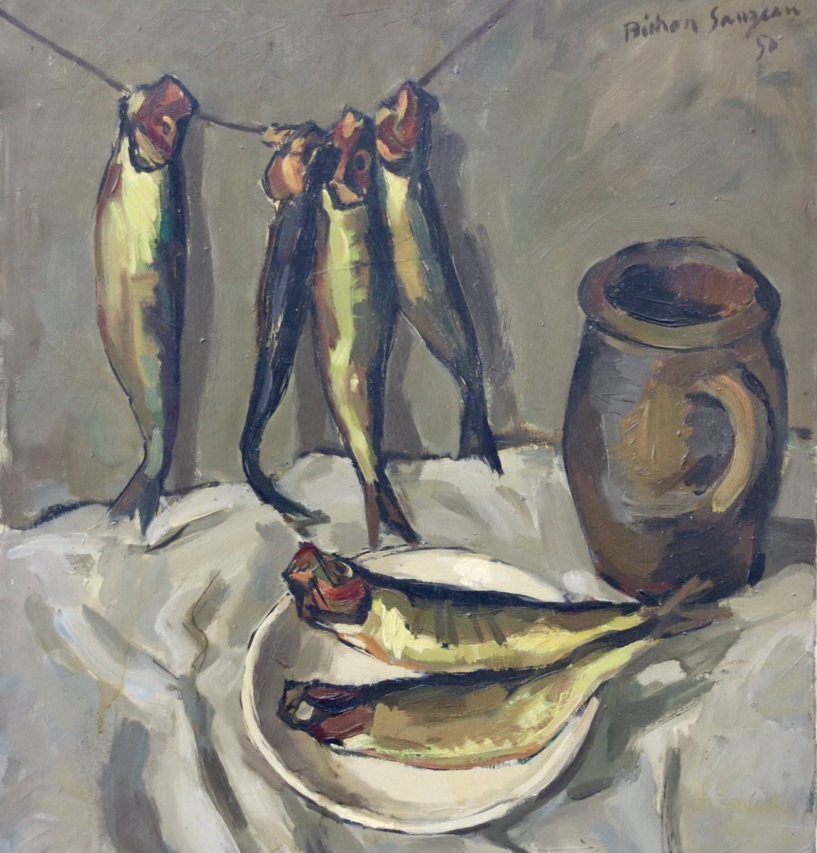 Peinture de P.R. BECHON -SAUZEAU "nature morte au harengs saurs"-photo-3