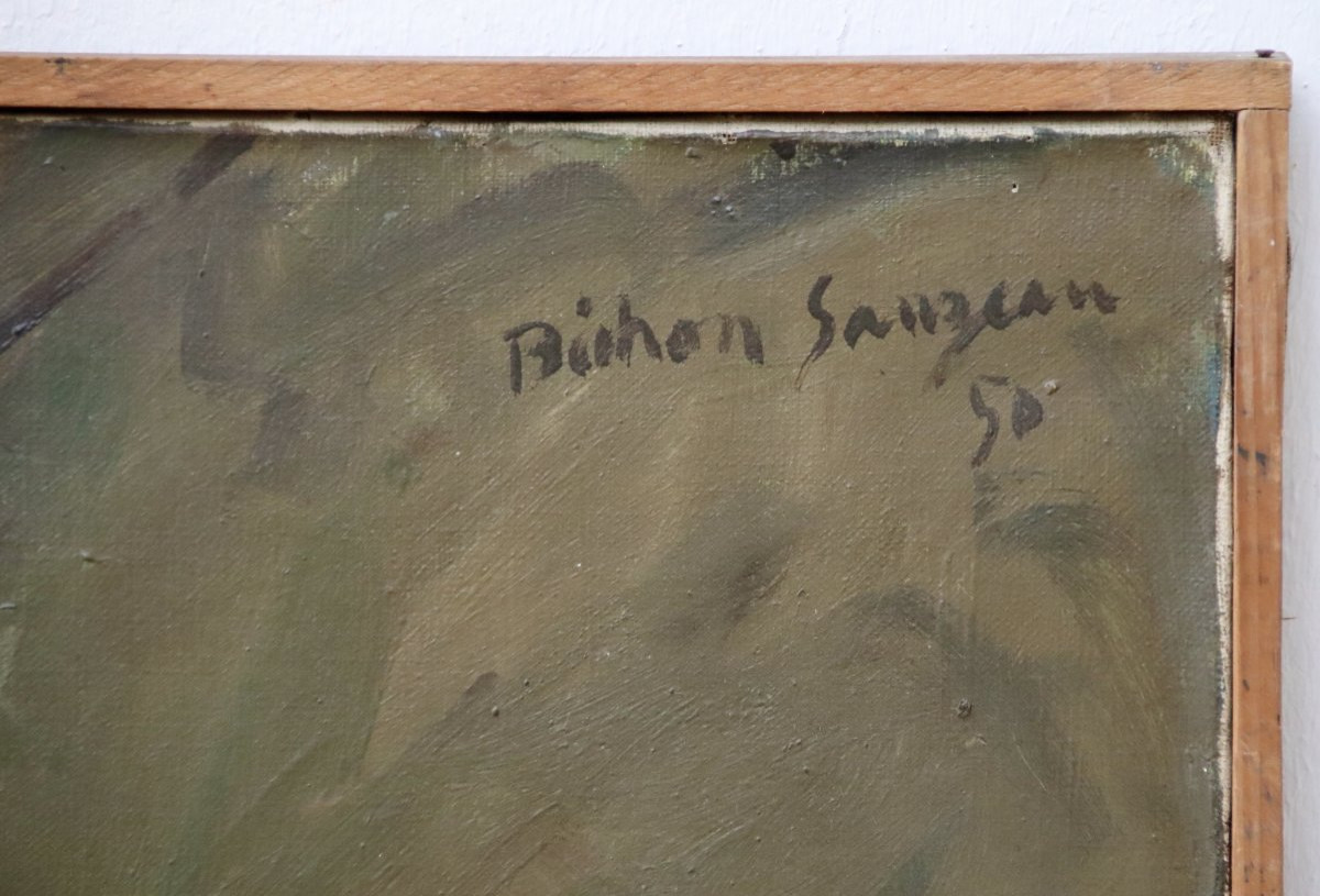 Peinture de P.R. BECHON -SAUZEAU "nature morte au harengs saurs"-photo-4