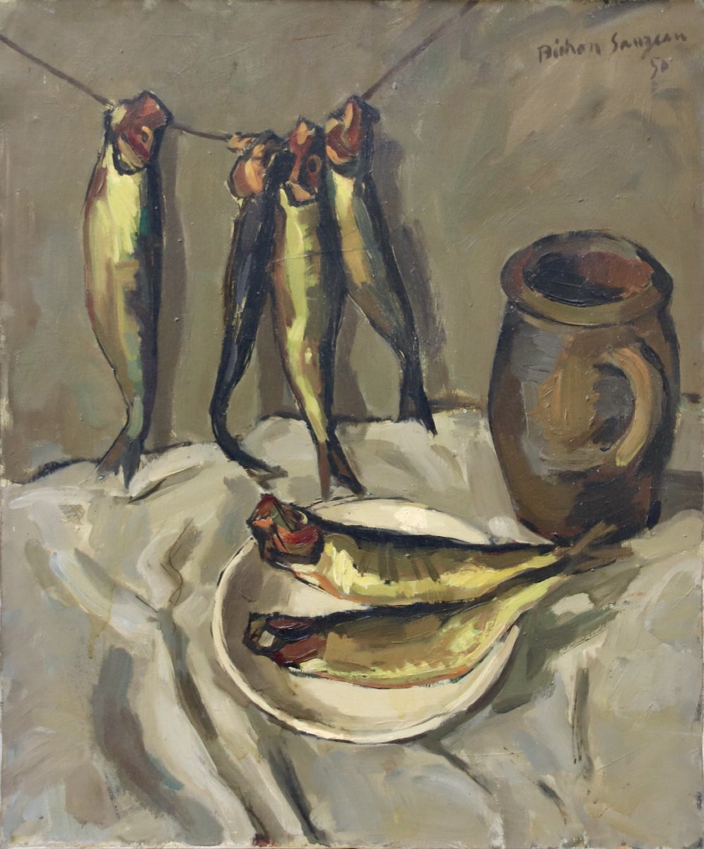 Peinture de P.R. BECHON -SAUZEAU "nature morte au harengs saurs"-photo-5
