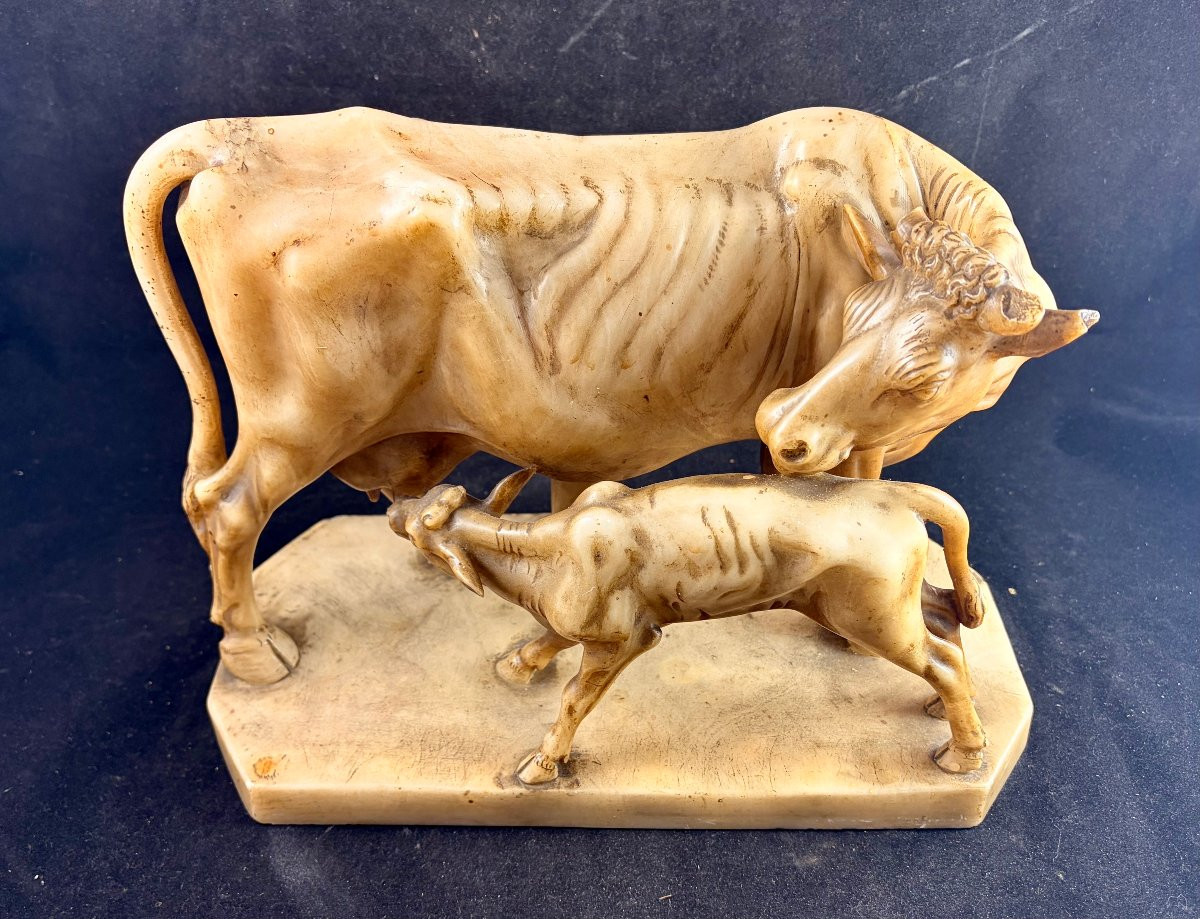 Vache et son veau en albâtre d'après P.J. Mêne fin XIXème -photo-1