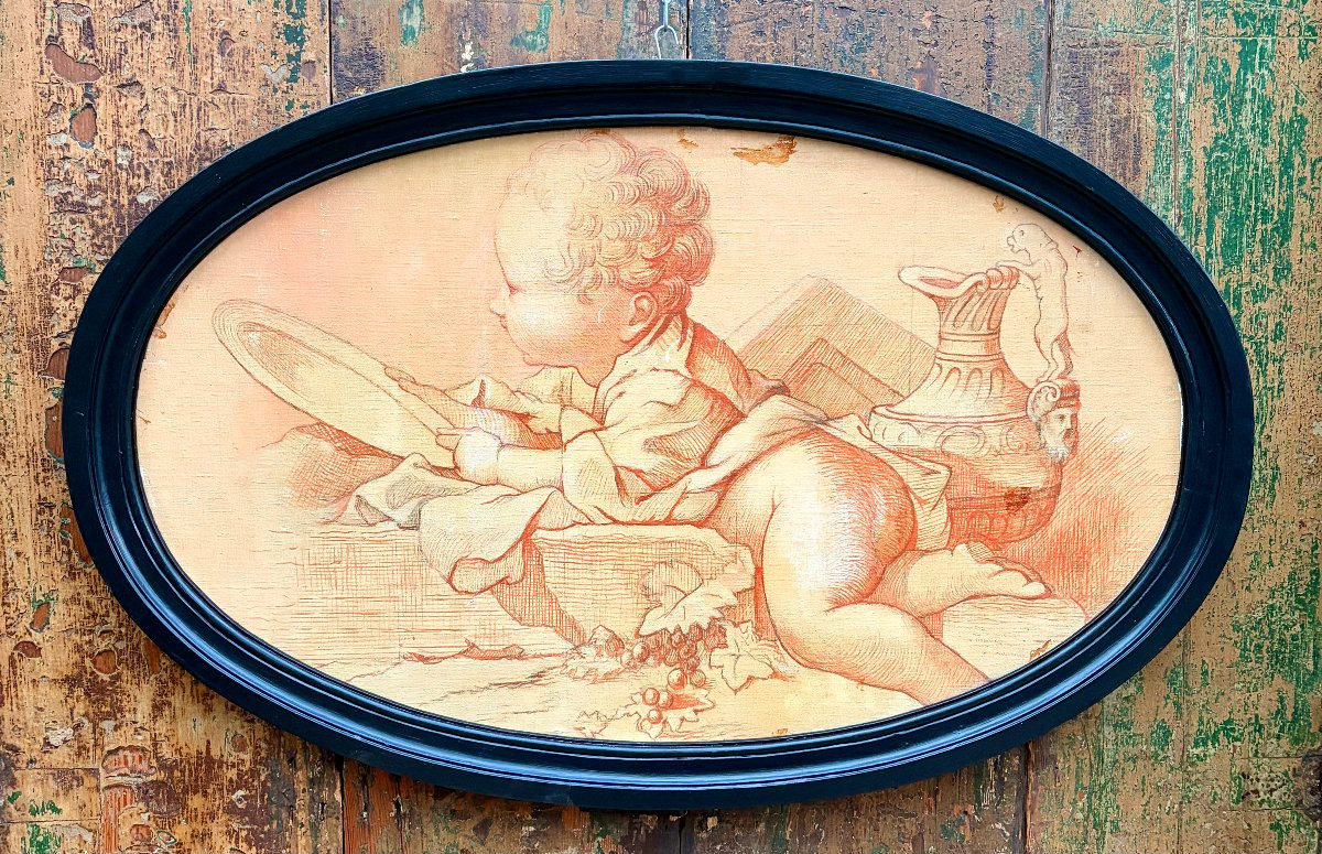 Oval Sanguine Study Painting Of A Putto-photo-2