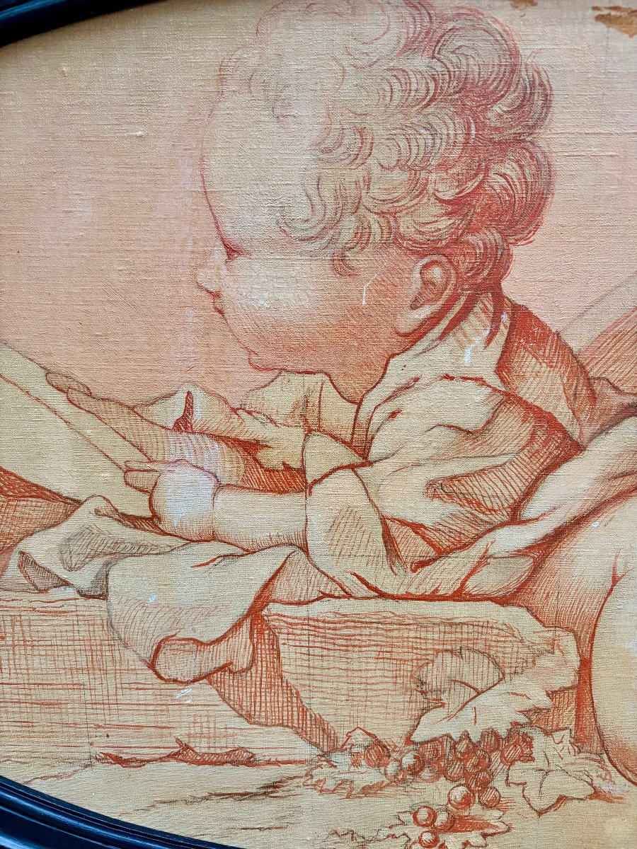 Oval Sanguine Study Painting Of A Putto-photo-4