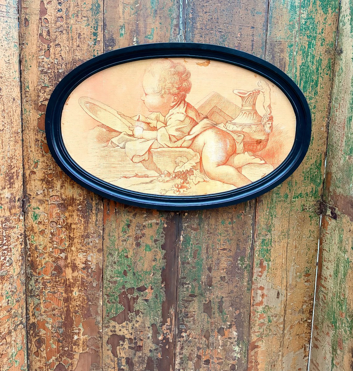 Oval Sanguine Study Painting Of A Putto-photo-1