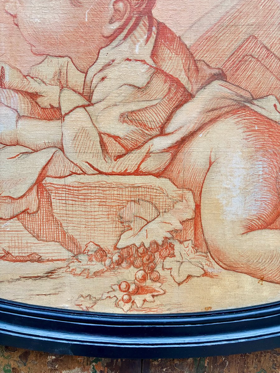 Oval Sanguine Study Painting Of A Putto-photo-2