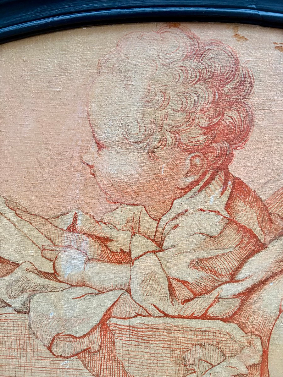 Oval Sanguine Study Painting Of A Putto-photo-4