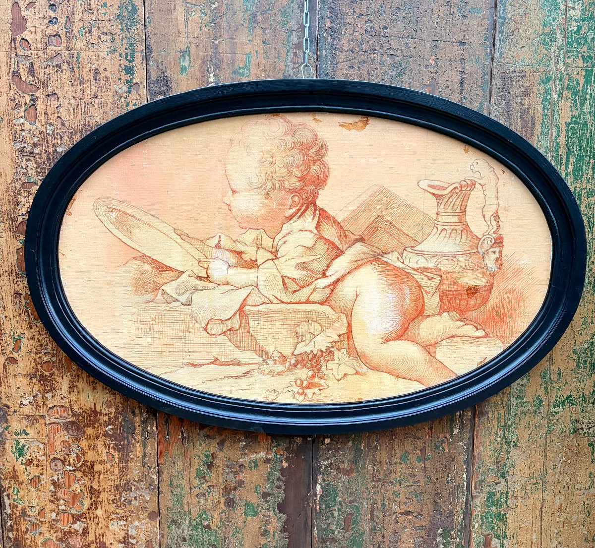 Oval Sanguine Study Painting Of A Putto-photo-5
