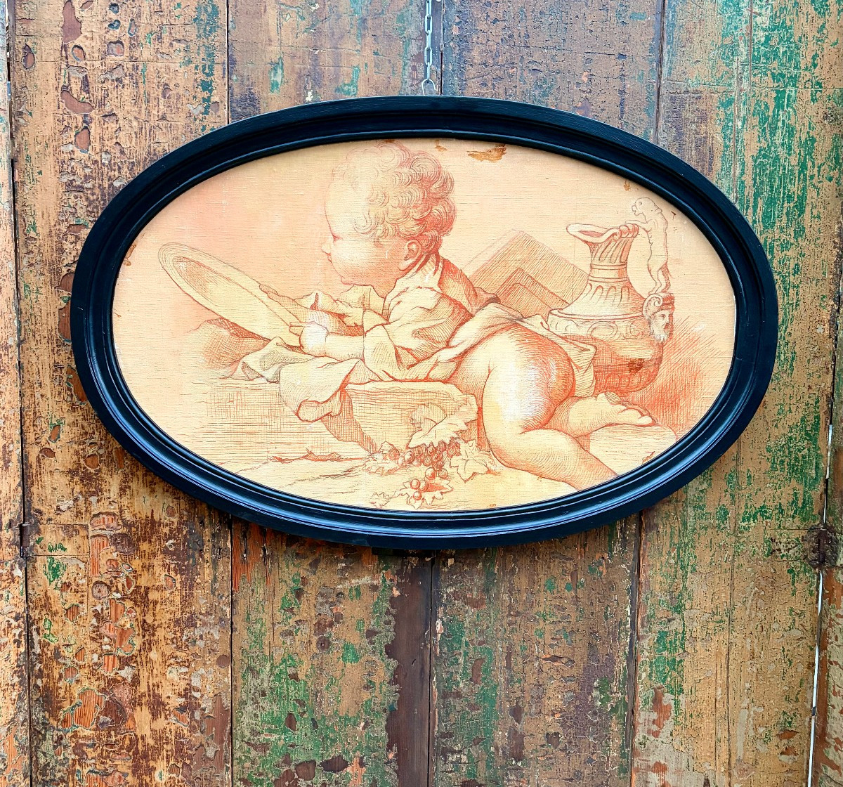Oval Sanguine Study Painting Of A Putto