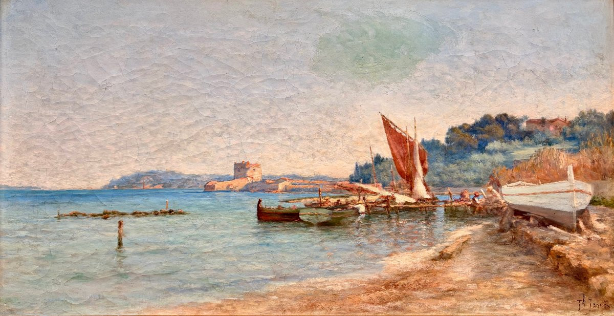 Peinture XIXème "la tour de belem à Lisbonne" par Théophile JAOUEN -photo-4