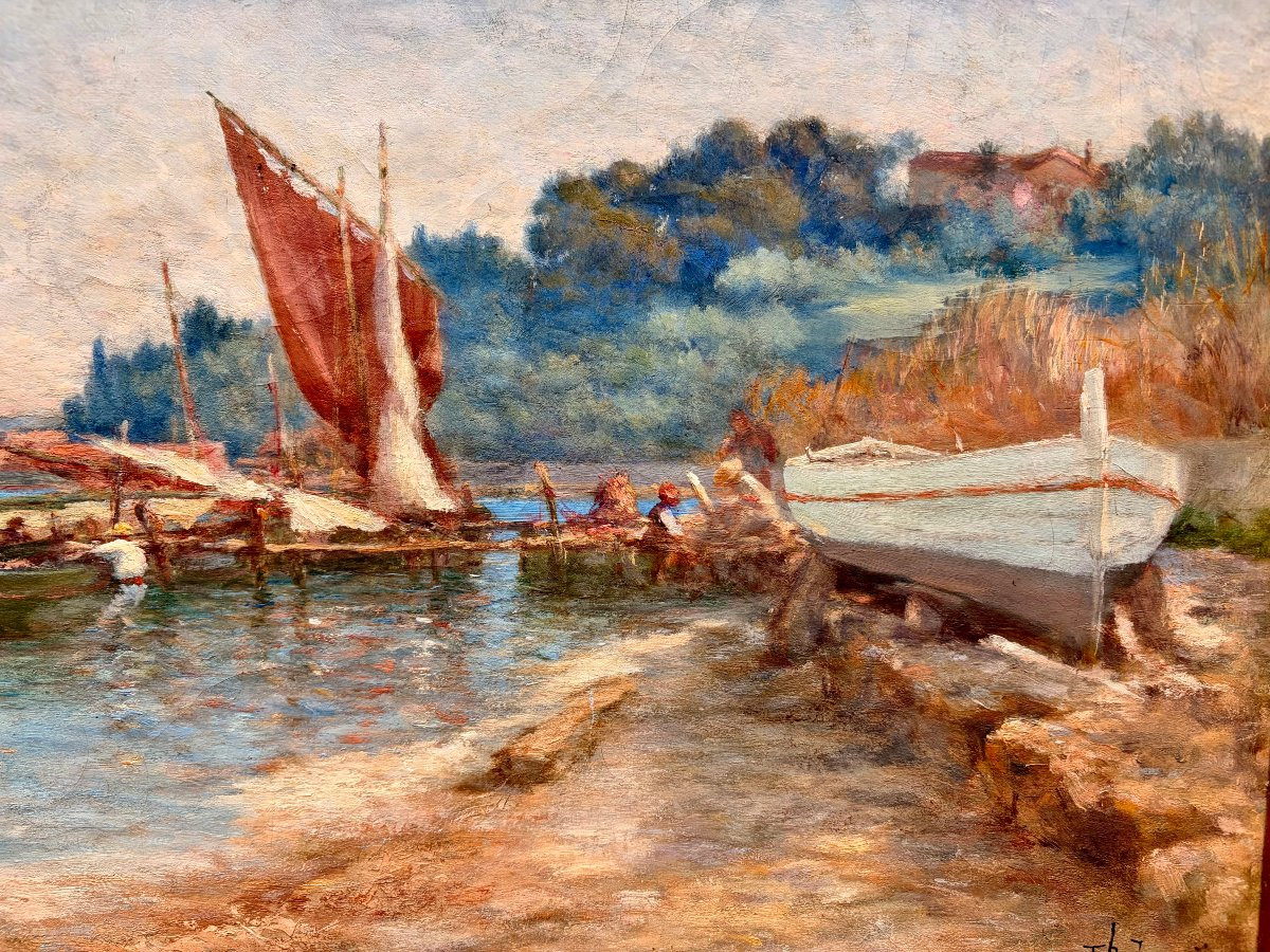 Peinture XIXème "la tour de belem à Lisbonne" par Théophile JAOUEN -photo-3