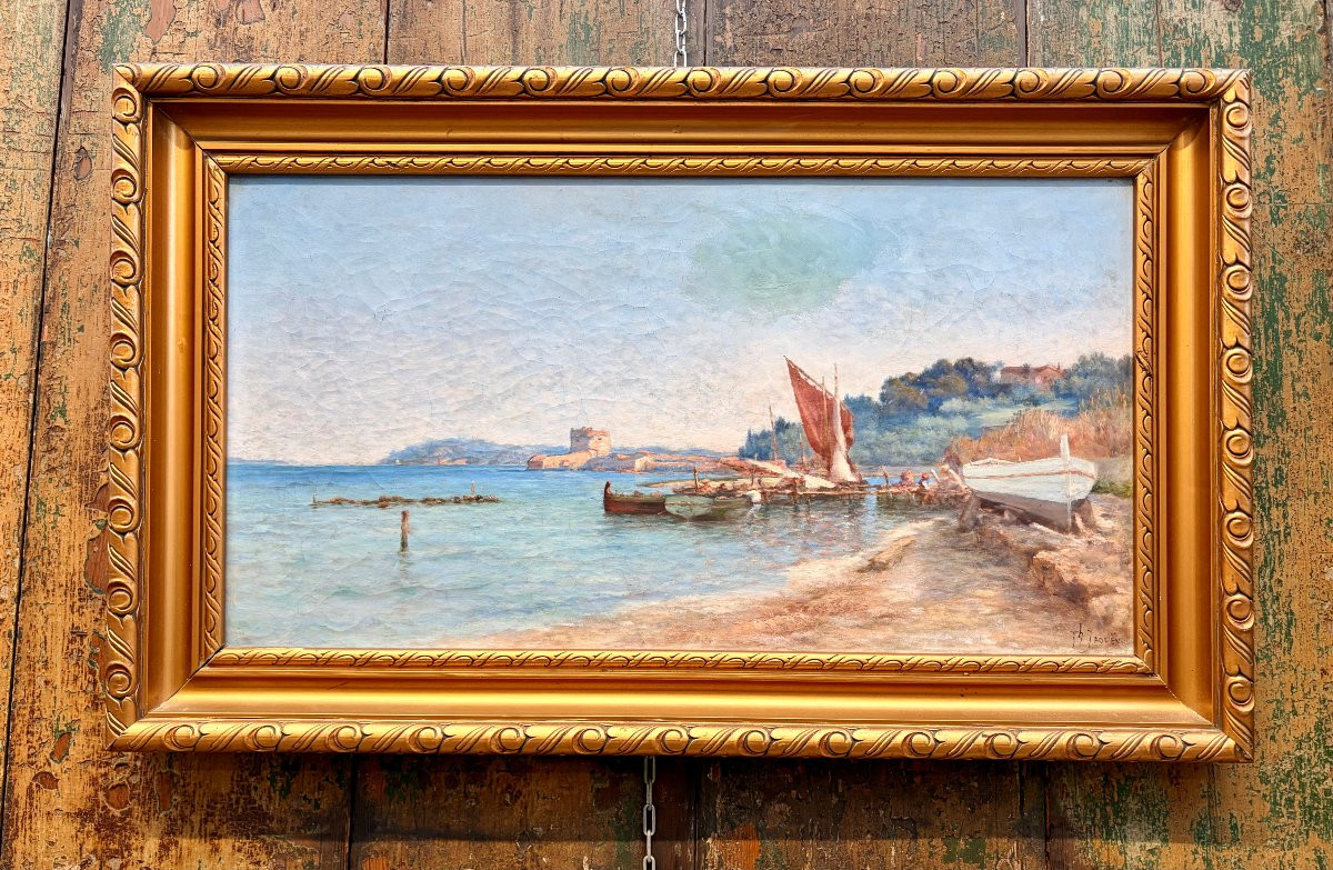 Peinture XIXème "la tour de belem à Lisbonne" par Théophile JAOUEN -photo-5