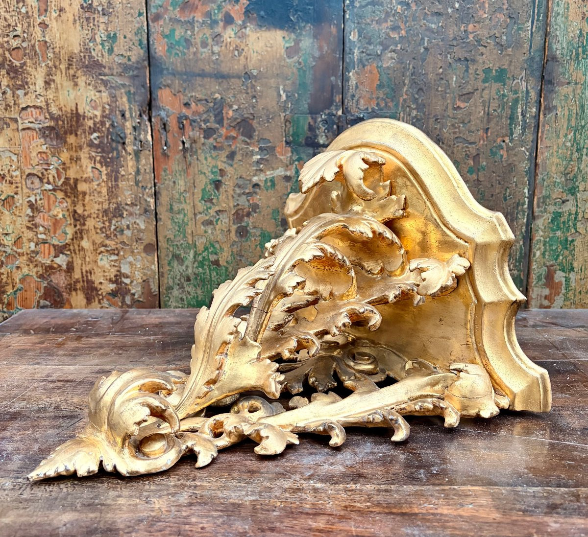 Openwork Carved Wall Console In Gilded Wood-photo-1