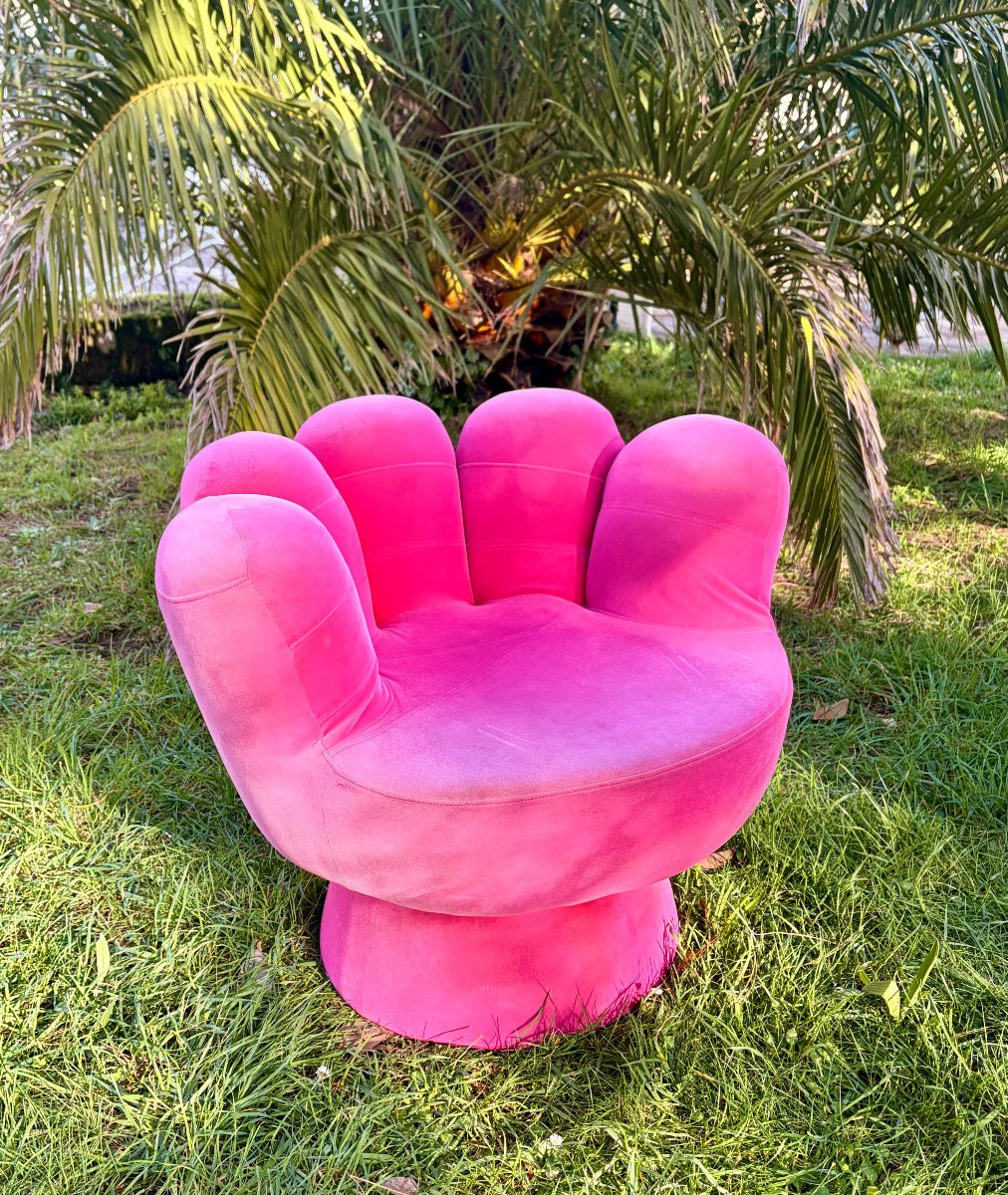 Paire de fauteuils main en velours fichsia des années 80 11-photo-2