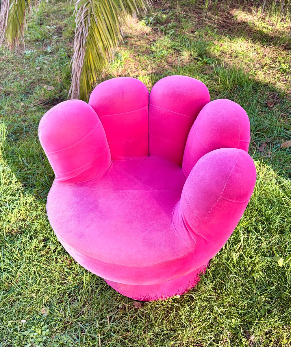 Paire de fauteuils main en velours fichsia des années 80 11-photo-3