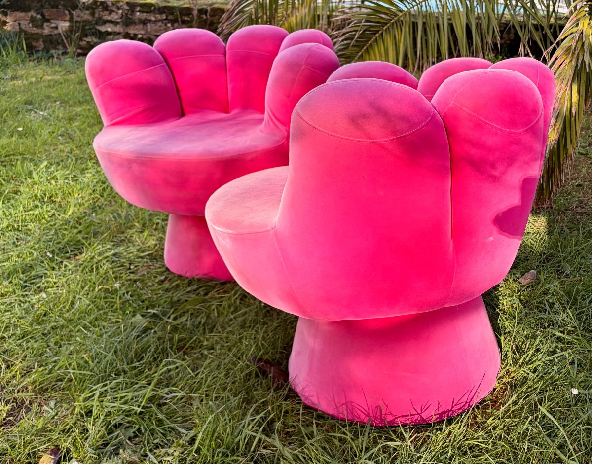 Paire de fauteuils main en velours fichsia des années 80 11-photo-2
