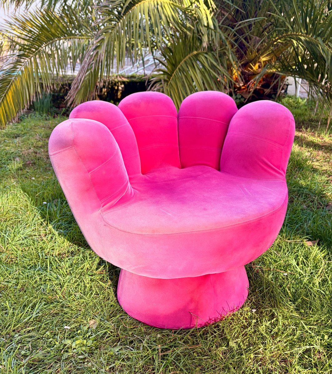 Paire de fauteuils main en velours fichsia des années 80 11-photo-4