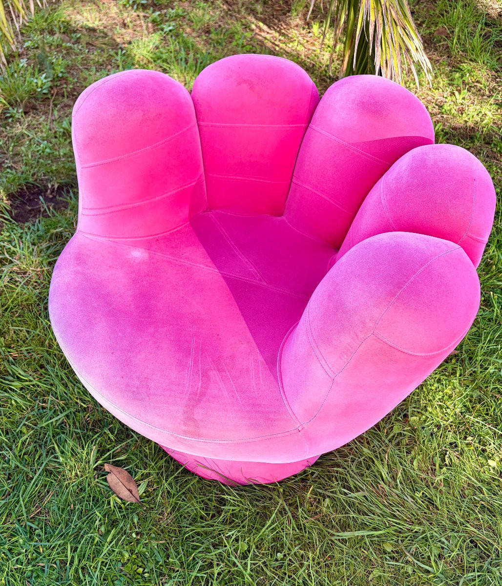Paire de fauteuils main en velours fichsia des années 80 11-photo-5