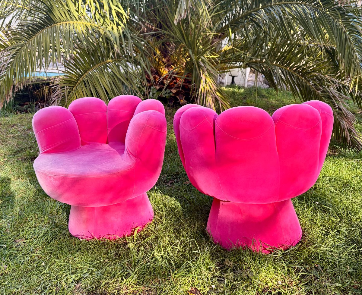 Paire de fauteuils main en velours fichsia des années 80 11-photo-6