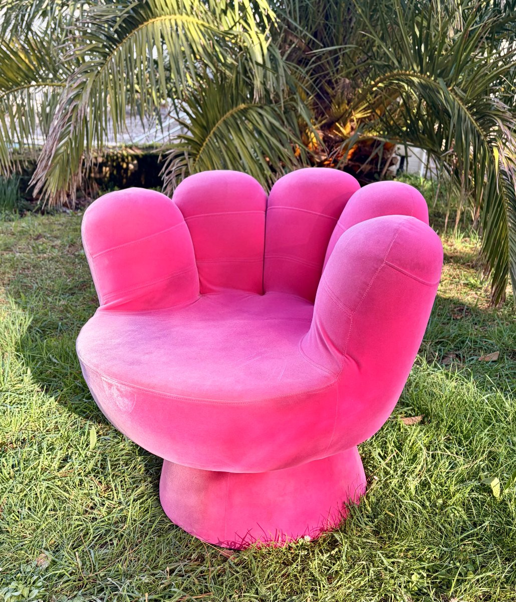 Paire de fauteuils main en velours fichsia des années 80 11-photo-7
