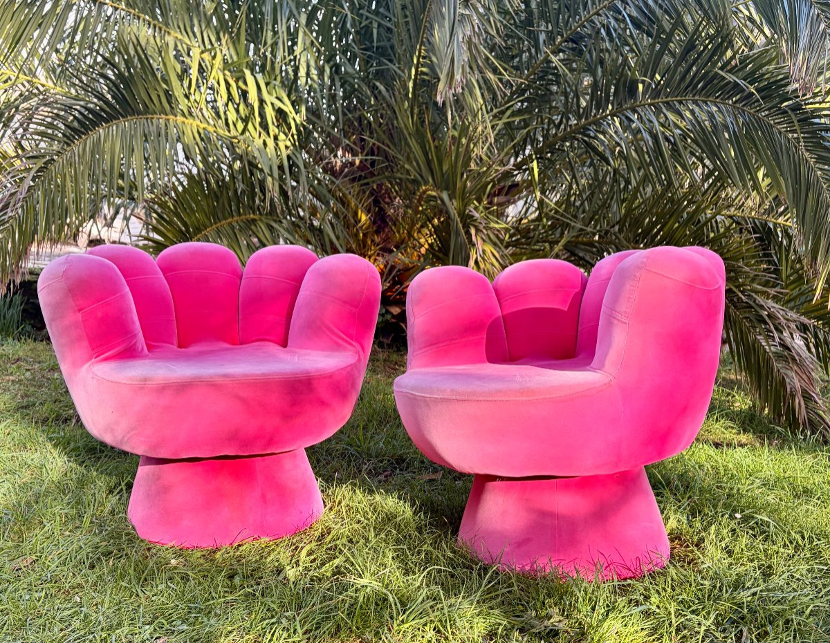 Paire de fauteuils main en velours fichsia des années 80 11-photo-8