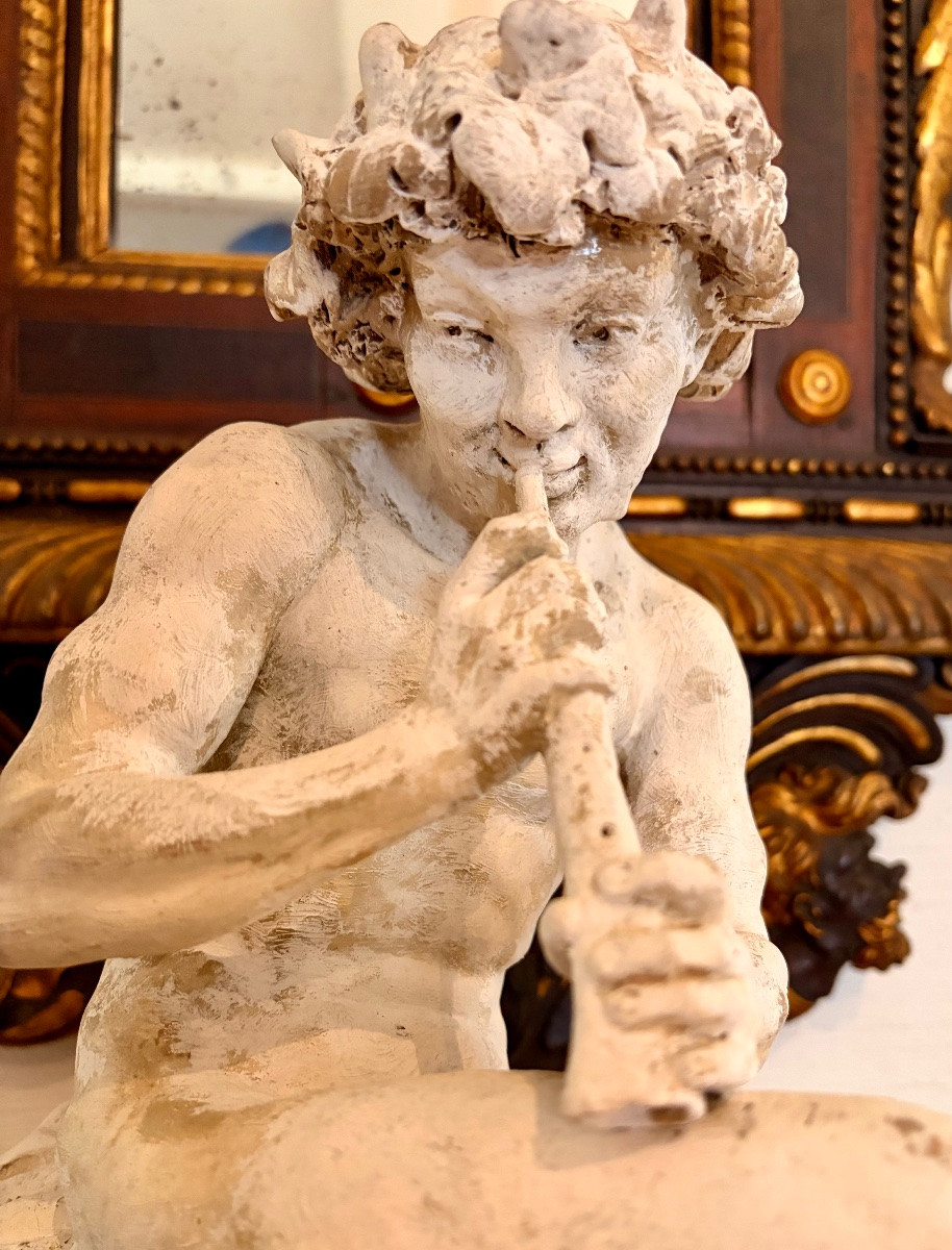 Sculpture de CLODION en terre cuite Faune jouant de la flûte-photo-3