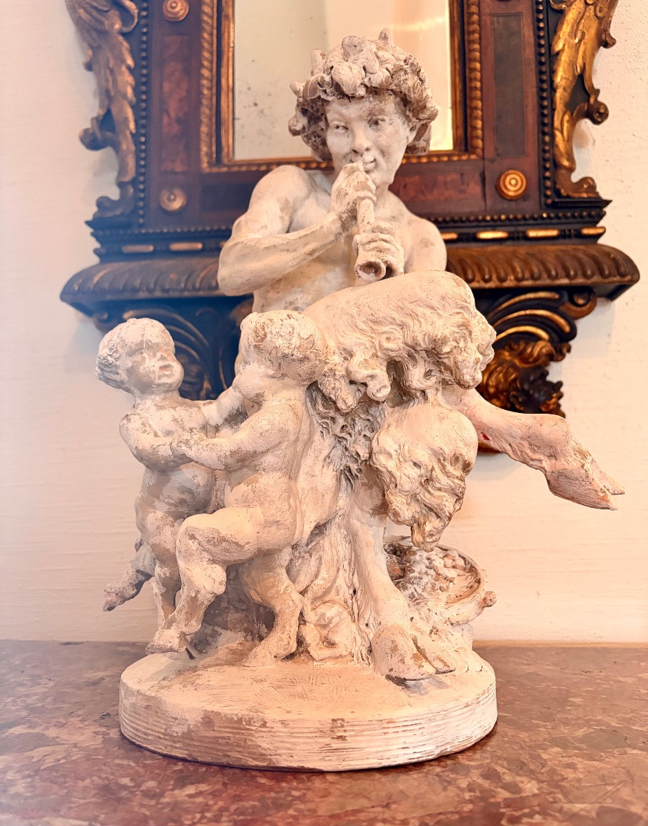 Sculpture de CLODION en terre cuite Faune jouant de la flûte-photo-1