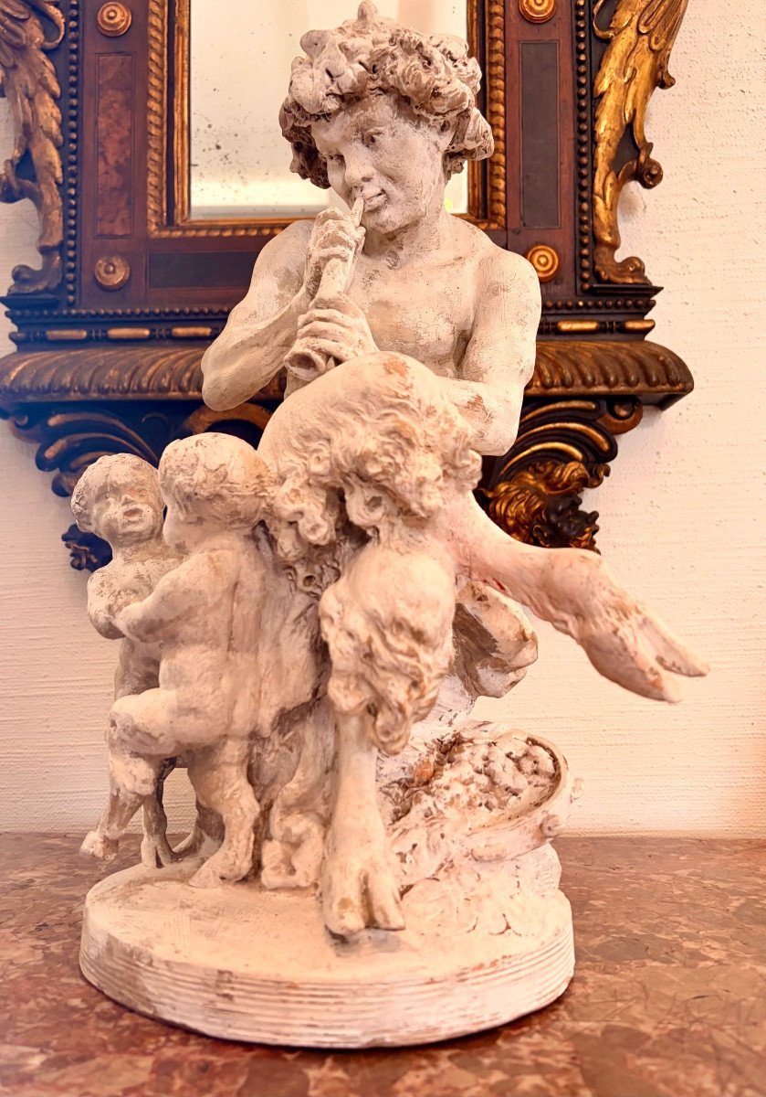 Sculpture de CLODION en terre cuite Faune jouant de la flûte-photo-4