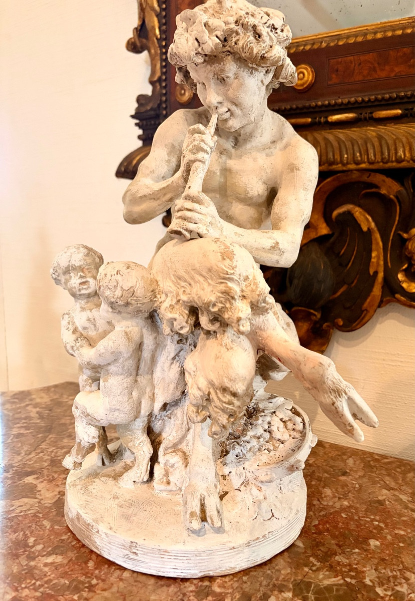 Sculpture de CLODION en terre cuite Faune jouant de la flûte