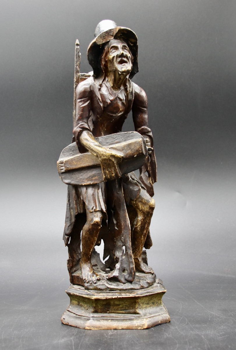19th Century Sculpture Old Woman With Hurdy-gurdy