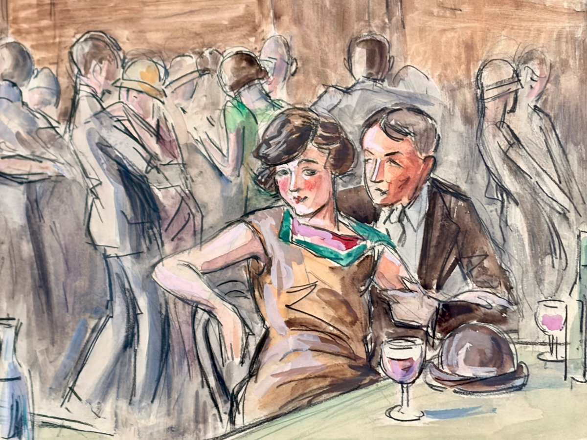 aquarelle "scène de bistrot" par F. FERNEL -photo-2