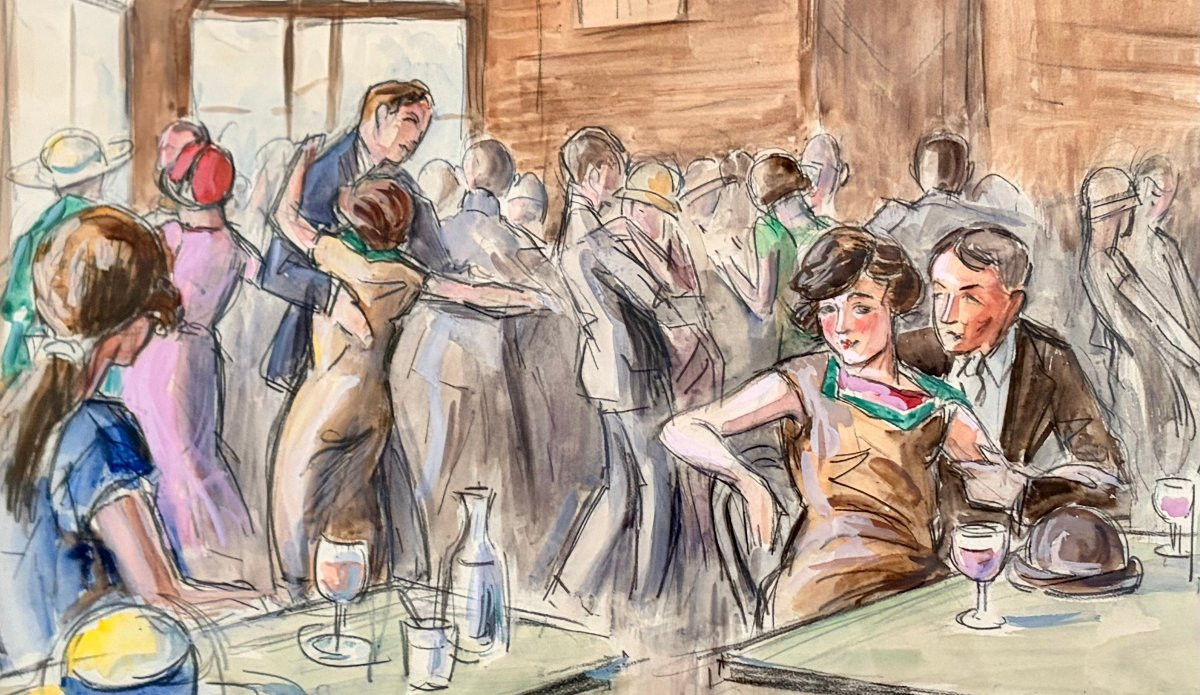 aquarelle "scène de bistrot" par F. FERNEL -photo-3