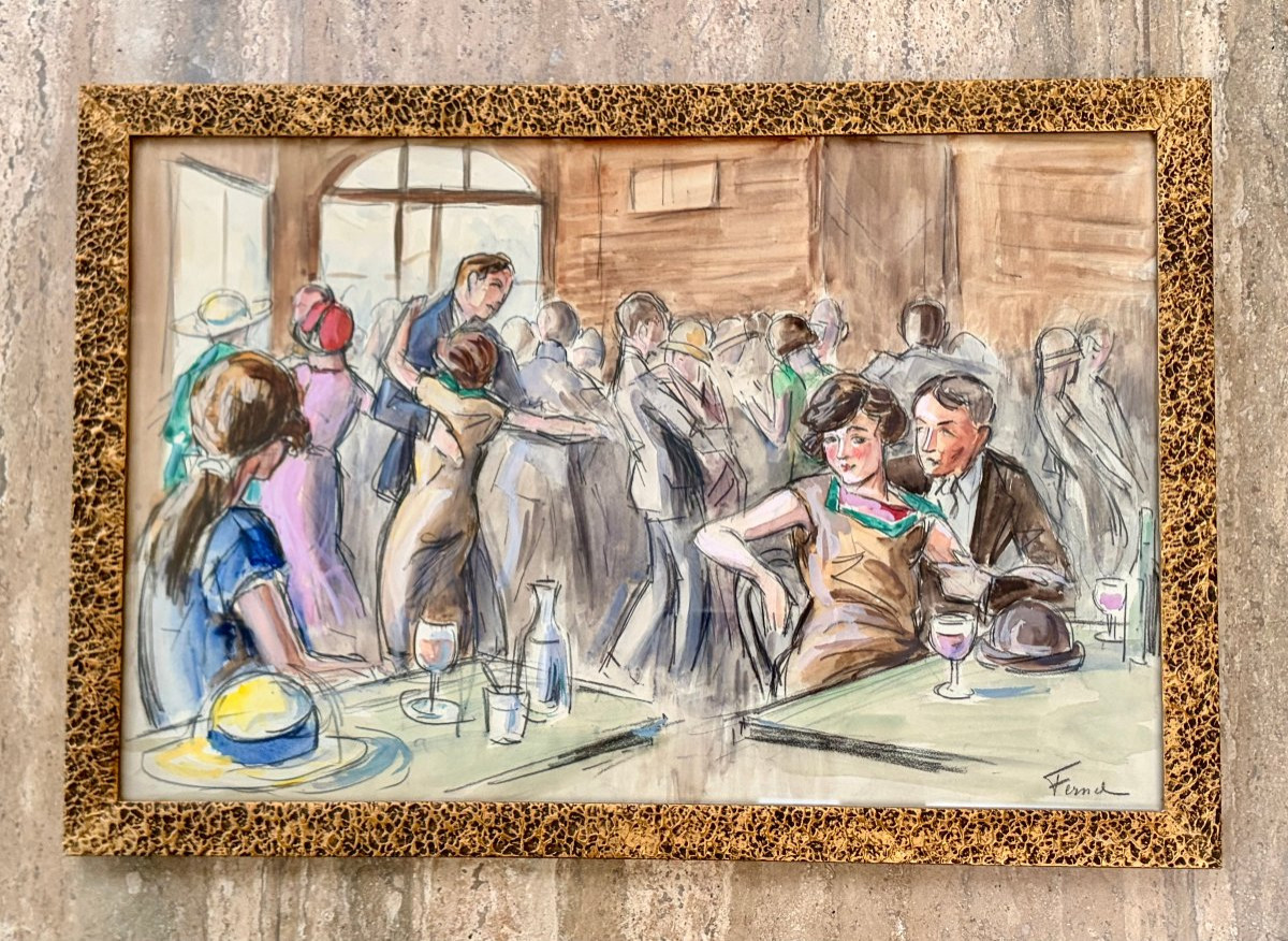 aquarelle "scène de bistrot" par F. FERNEL -photo-1