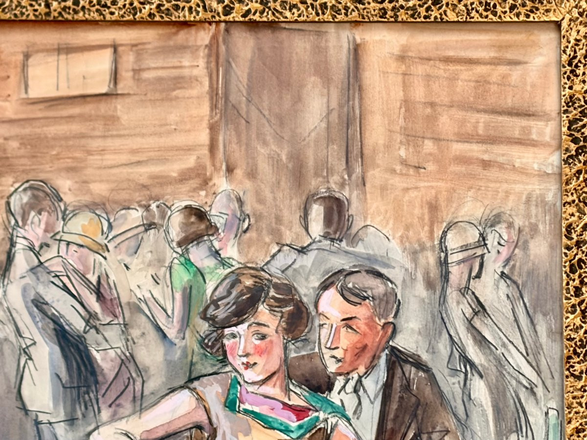 aquarelle "scène de bistrot" par F. FERNEL -photo-2