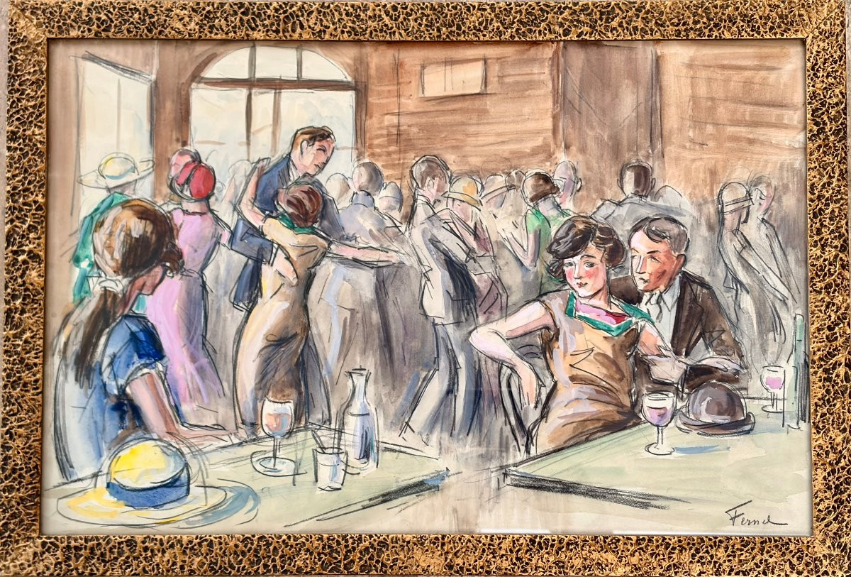 aquarelle "scène de bistrot" par F. FERNEL -photo-5