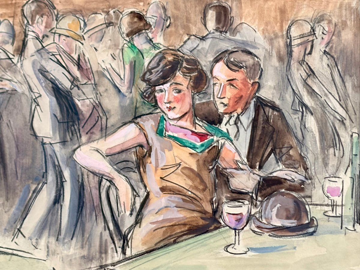 aquarelle "scène de bistrot" par F. FERNEL -photo-7