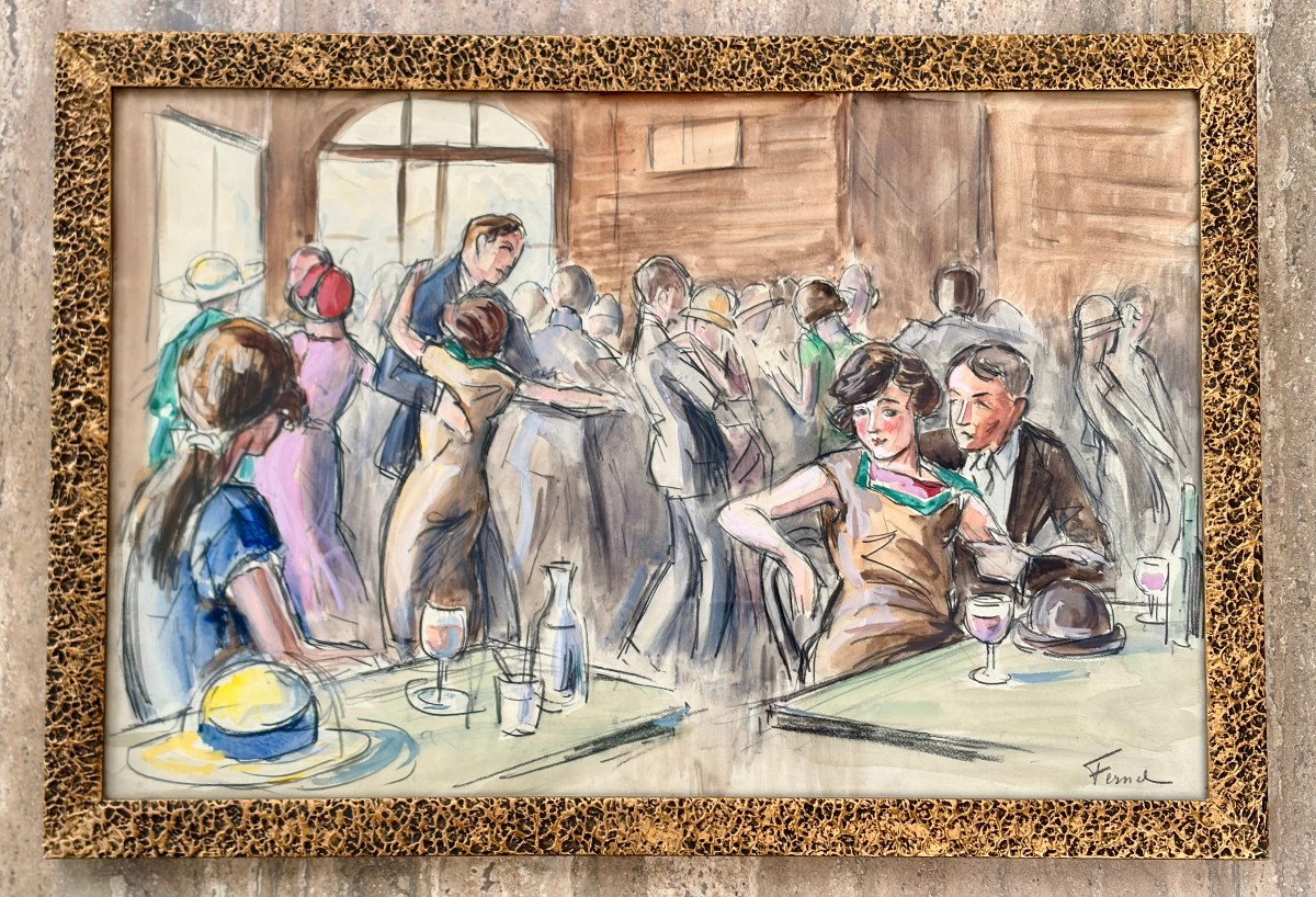aquarelle "scène de bistrot" par F. FERNEL 