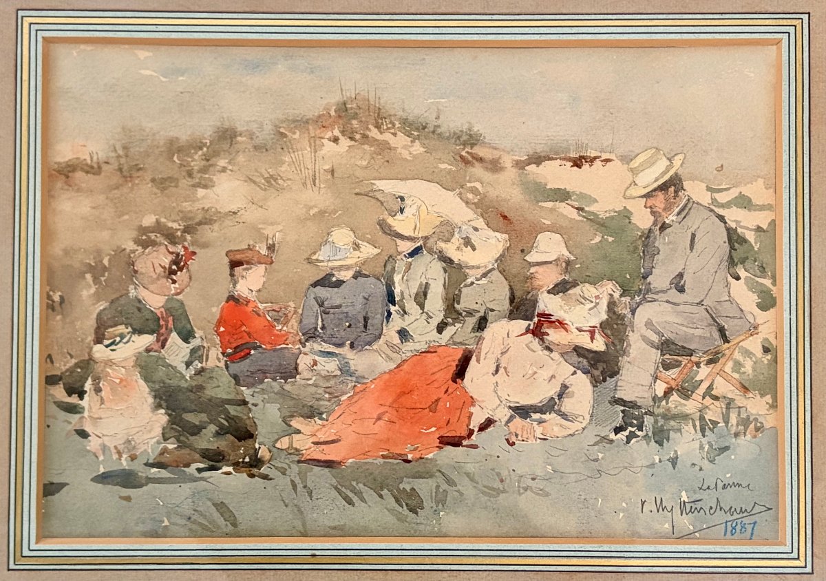 Watercolor 19th Century Lunch On The Grass By Victor Uytterschaut-photo-2