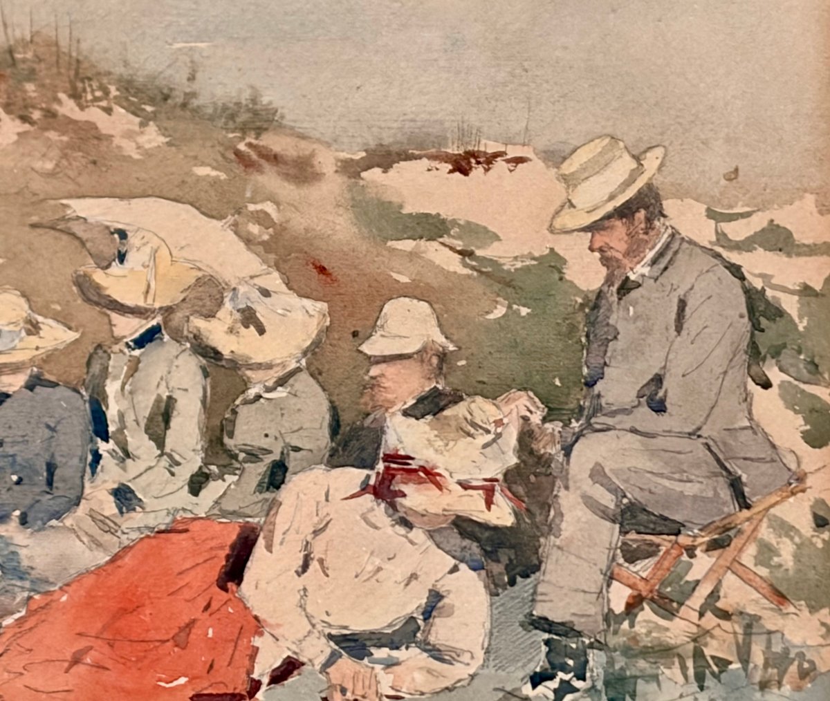 Watercolor 19th Century Lunch On The Grass By Victor Uytterschaut-photo-3