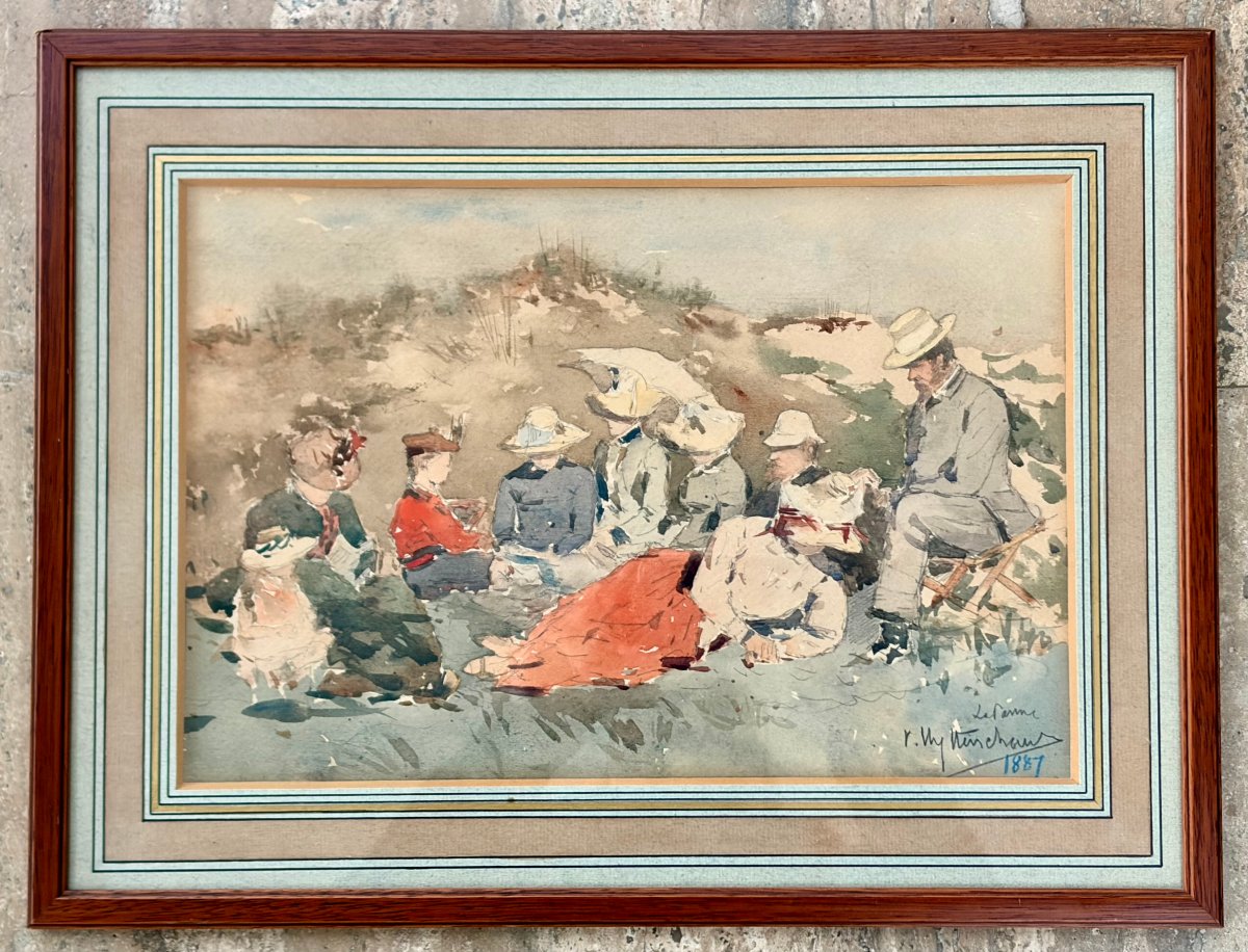 Watercolor 19th Century Lunch On The Grass By Victor Uytterschaut-photo-1