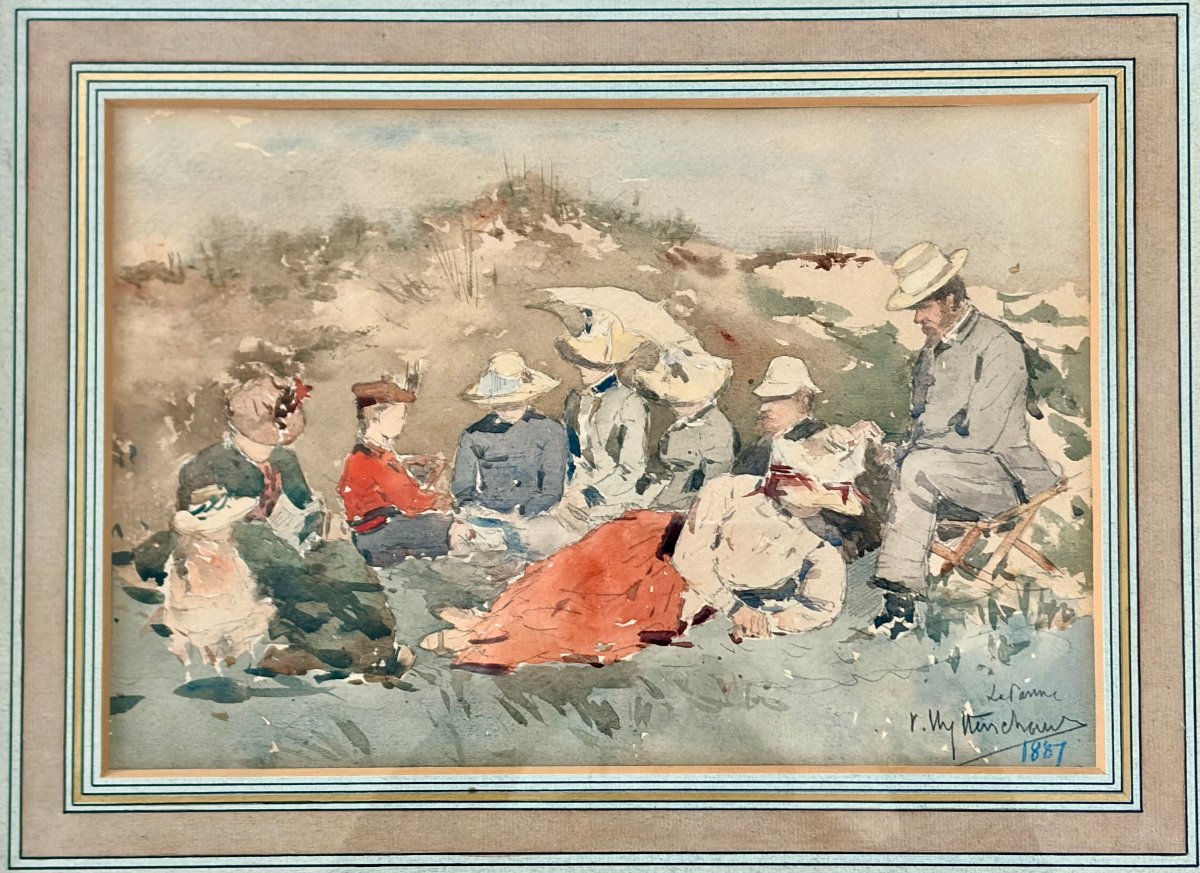 Watercolor 19th Century Lunch On The Grass By Victor Uytterschaut-photo-3