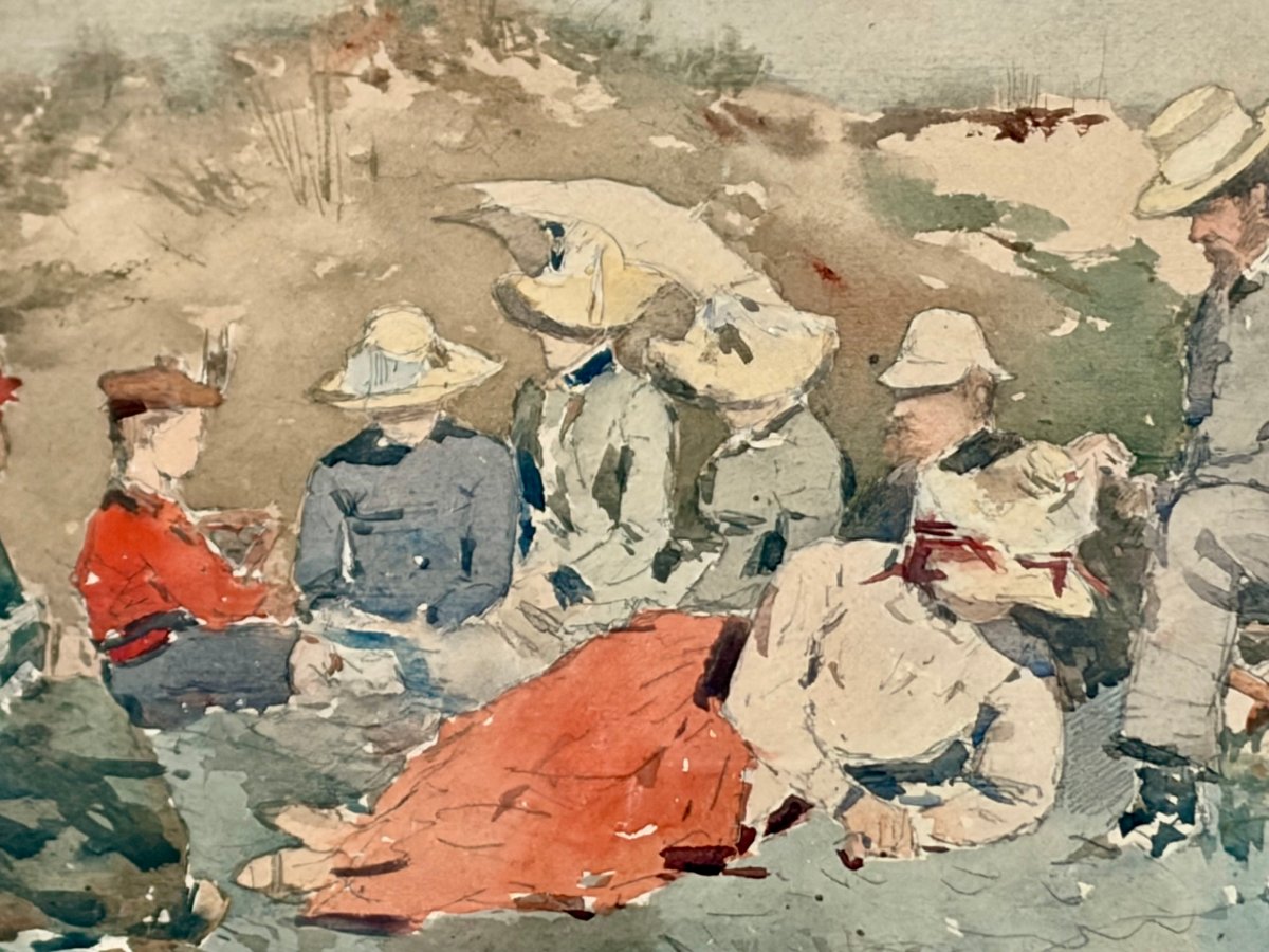 Watercolor 19th Century Lunch On The Grass By Victor Uytterschaut-photo-4