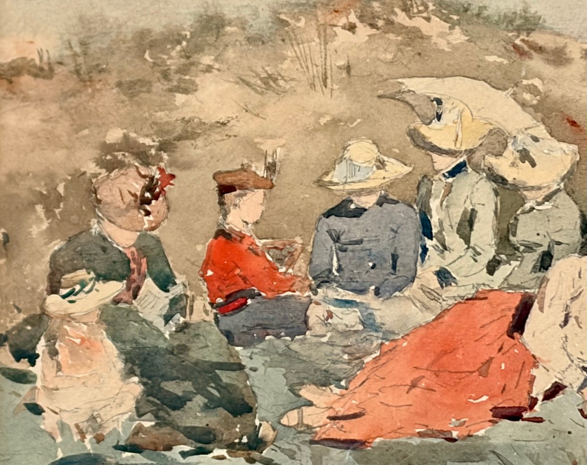 Watercolor 19th Century Lunch On The Grass By Victor Uytterschaut-photo-6