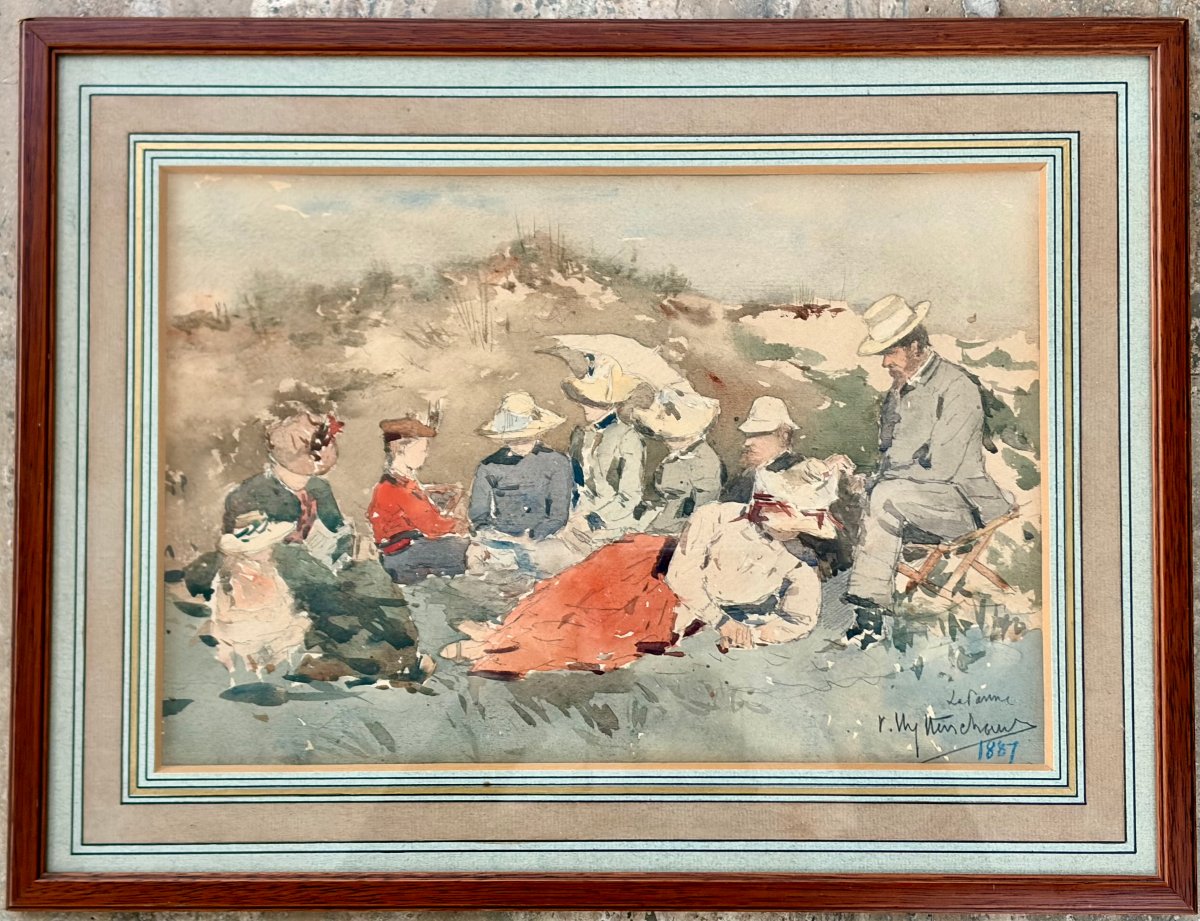 Watercolor 19th Century Lunch On The Grass By Victor Uytterschaut-photo-7