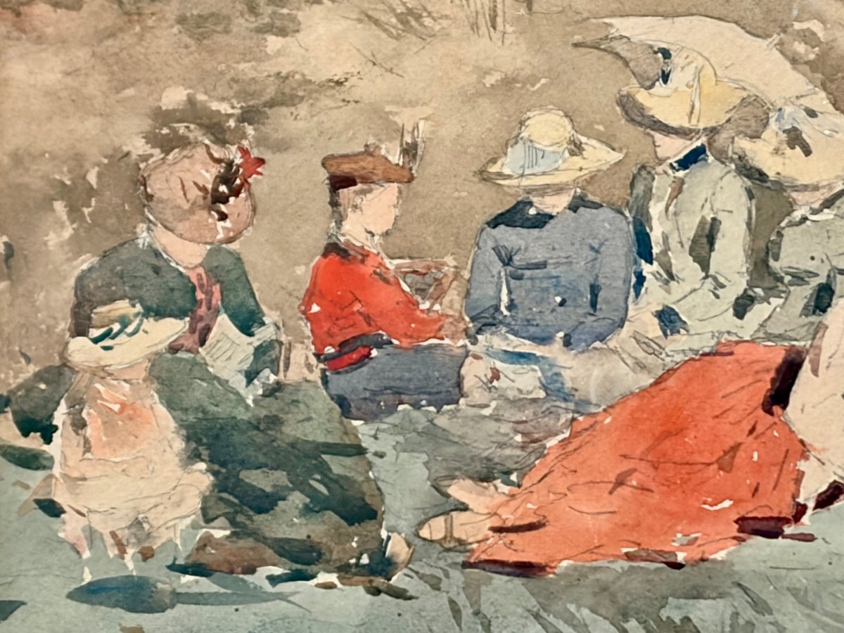 Watercolor 19th Century Lunch On The Grass By Victor Uytterschaut-photo-8