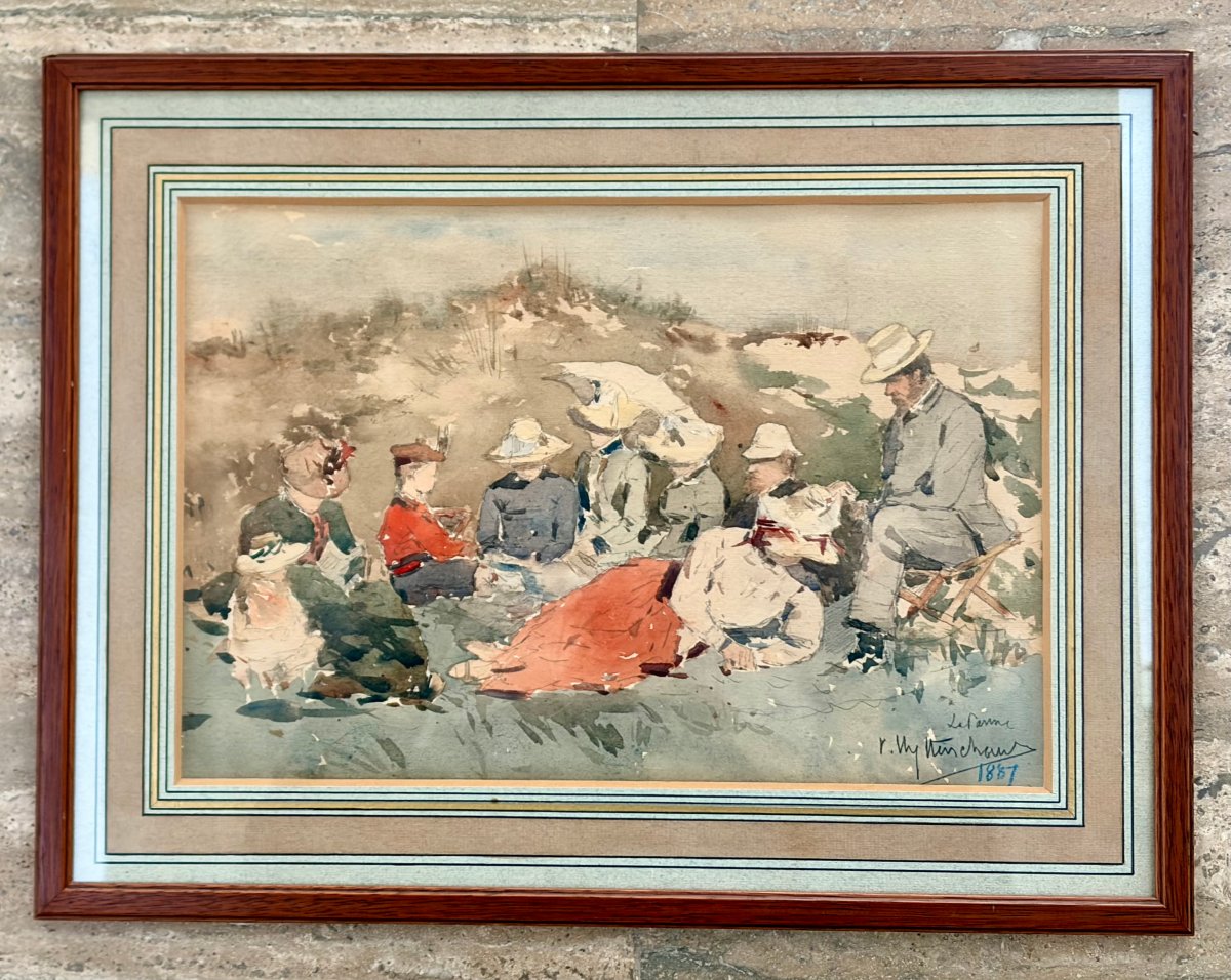 Watercolor 19th Century Lunch On The Grass By Victor Uytterschaut