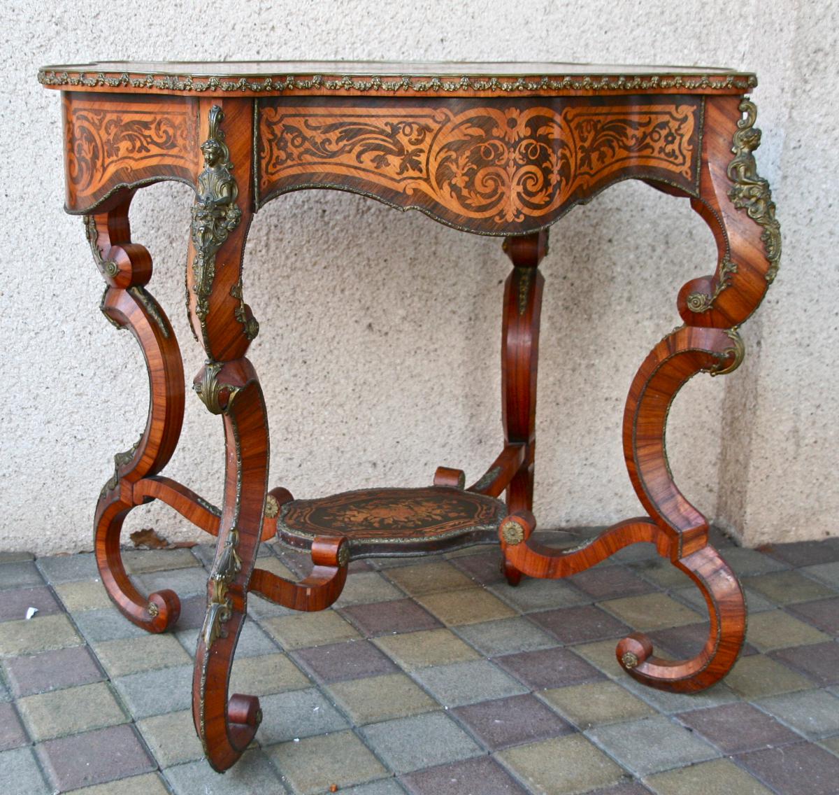 Table Guéridon Napoléon III XIXème En Marqueterie Et Bronze Doré