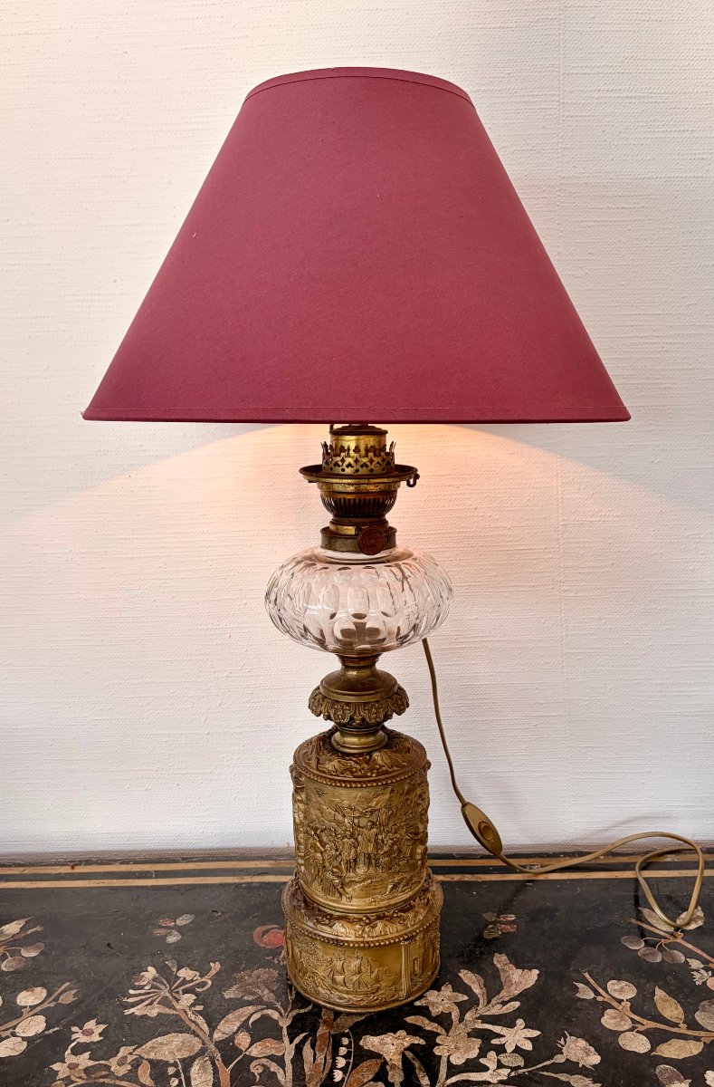 19th-century Lamp Made Of Repoussé Brass With Oriental Motifs